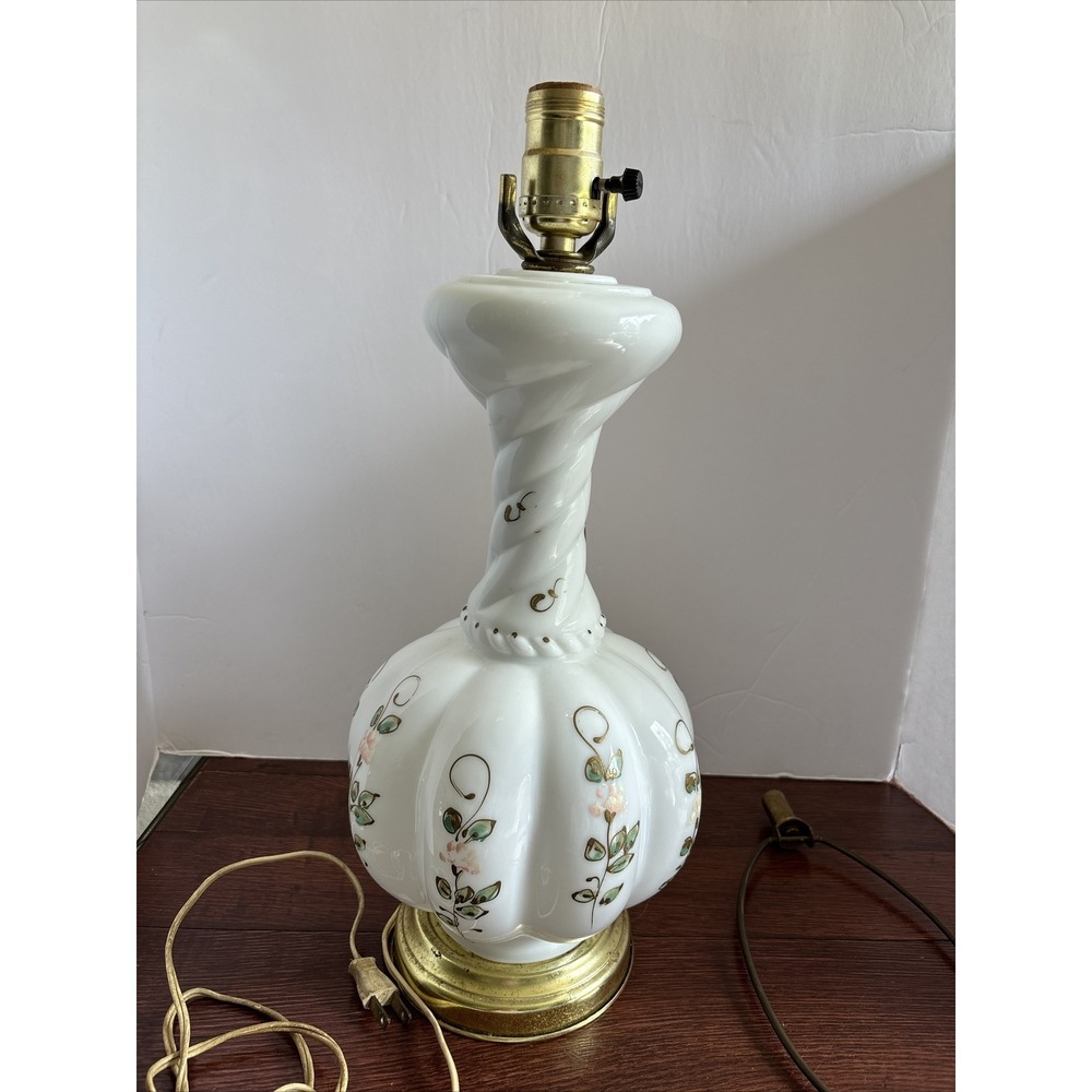 Vintage Milk Glass 3 Way Table Lamp Hand Painted Floral‎ Swirl MCM Pattern 17"